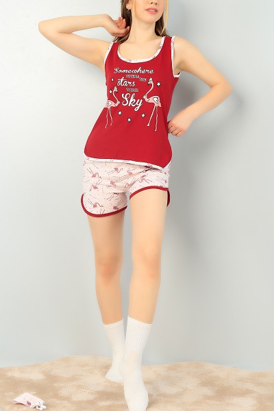 Bordo Kolsuz Baskılı Bayan Pijama Takımı 66423