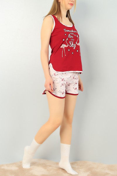 Bordo Kolsuz Baskılı Bayan Pijama Takımı 66423