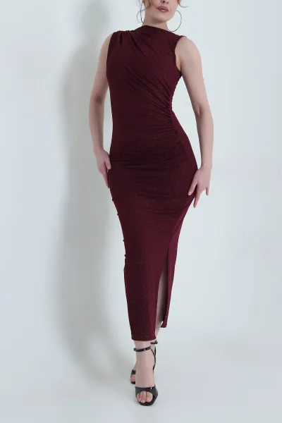 bordo-kolsuz-drapeli-simli-kadin-elbise-451581