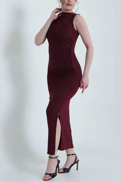 Bordo Kolsuz Drapeli Simli Kadın Elbise 451581