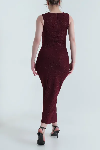 Bordo Kolsuz Drapeli Simli Kadın Elbise 451581