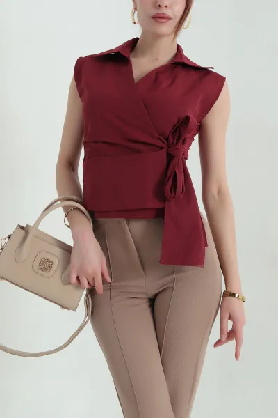 Bordo Kolsuz Poplin Kadın Gömlek 366849