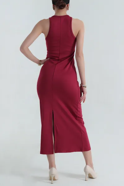 Bordo Kolsuz Yırtmaçlı Tasarım Likralı Çelik Örme Kadın Elbise 381308
