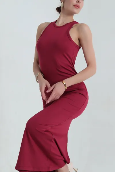 Bordo Kolsuz Yırtmaçlı Tasarım Likralı Çelik Örme Kadın Elbise 381308