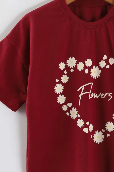 Bordo Krem (2-5 Yaş) Flowers Baskılı Süprem Tişörtlü Gabardin Şortlu Kız Çocuk Yazlık Takım 445910