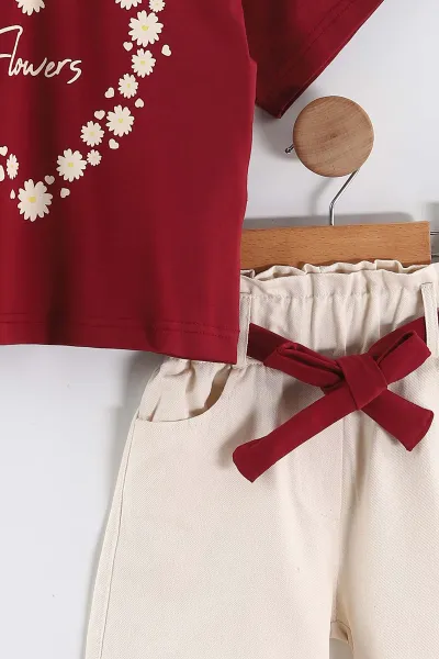 Bordo Krem (2-5 Yaş) Flowers Baskılı Süprem Tişörtlü Gabardin Şortlu Kız Çocuk Yazlık Takım 445910