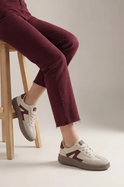 Bordo Krem Süet Detay Bağcıklı Kadın Spor Ayakkabı 452416