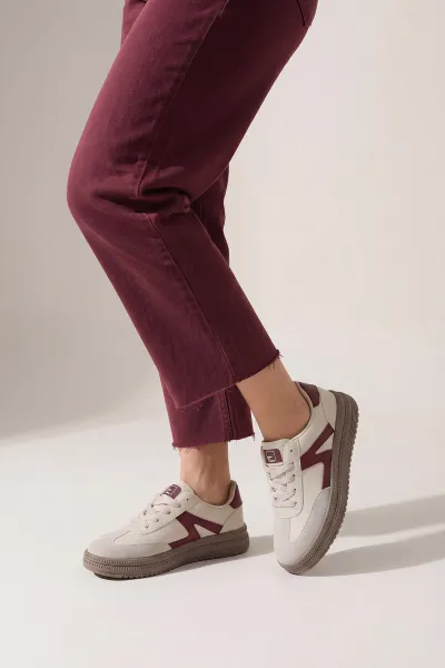 Bordo Krem Süet Detay Bağcıklı Kadın Spor Ayakkabı 452416