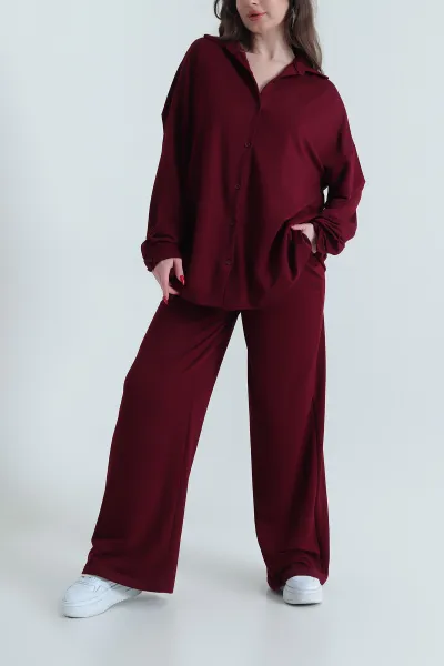 Bordo Kristal Likralı Düğmeli Kadın İkili Takım 441617
