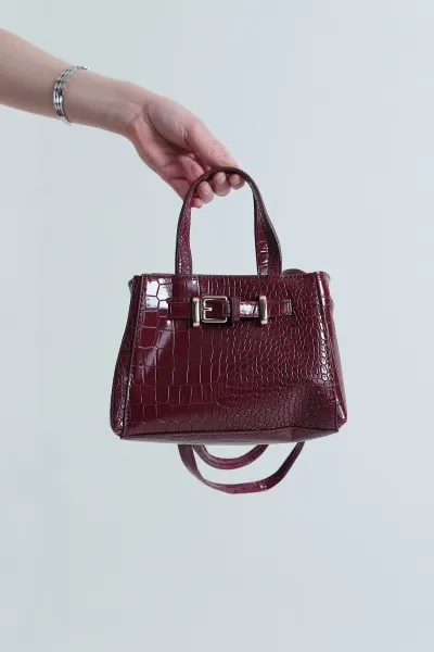 Bordo Kroko Desen Fermuarlı Kadın El Kol ve Omuz Çantası 457448