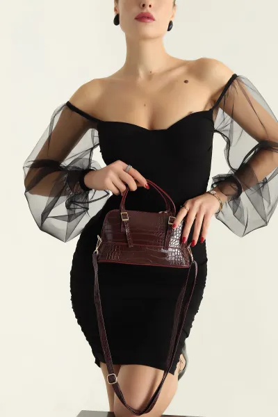 Bordo Kroko Desen Kadın El ve Omuz Çantası 306954