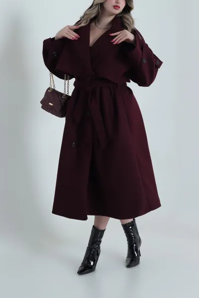 Bordo Kruvaze Yaka Kaşe Kadın Kaban 492398