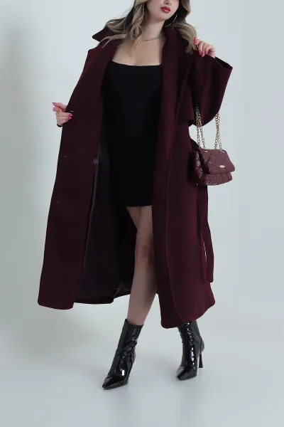 Bordo Kruvaze Yaka Kaşe Kadın Kaban 492398