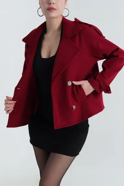 Bordo Kruvaze Yaka Kaşe Kadın Kısa Trenç 405655