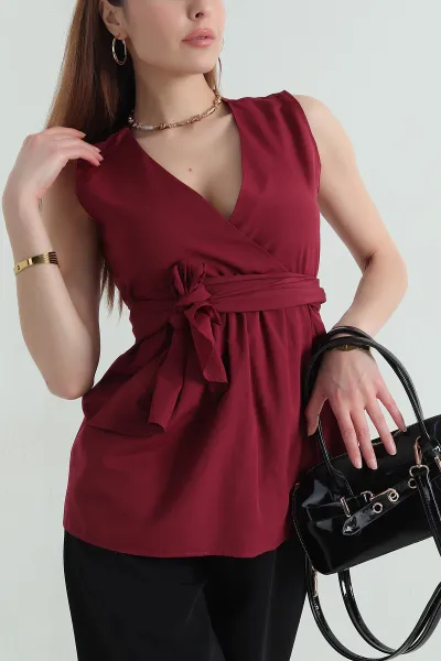 Bordo Kruvaze Yaka Poplin Bluz 360867