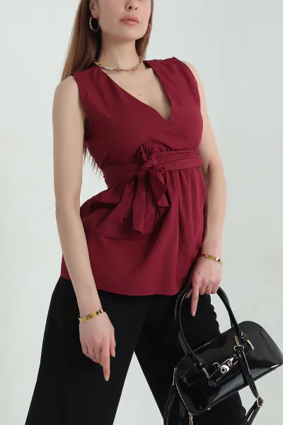 Bordo Kruvaze Yaka Poplin Bluz 360867