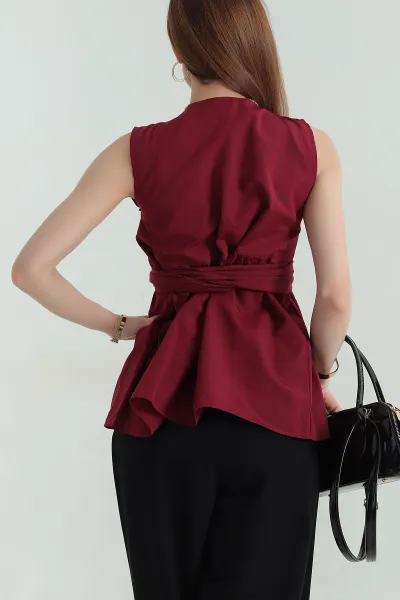 Bordo Kruvaze Yaka Poplin Bluz 360867