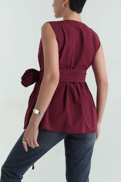 Bordo Kruvaze Yaka Poplin Bluz 368089