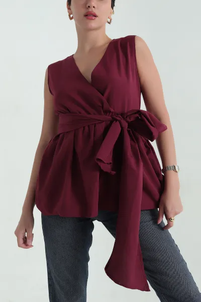 Bordo Kruvaze Yaka Poplin Bluz 368089