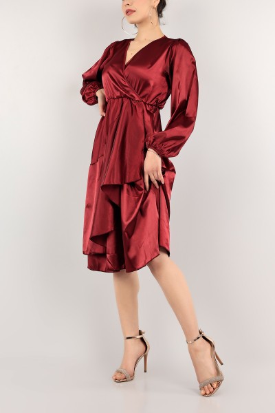 Bordo Kruvaze Yaka Saten Elbise 112963