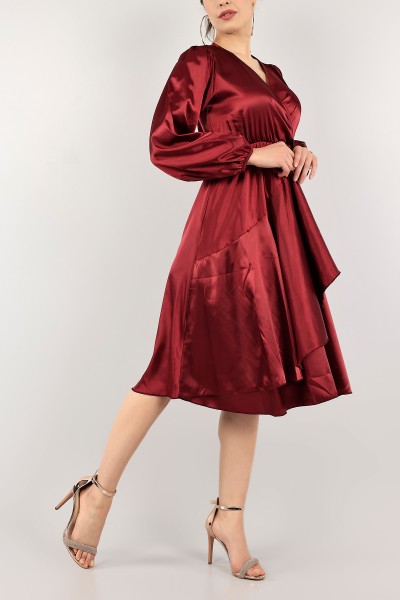 Bordo Kruvaze Yaka Saten Elbise 112963