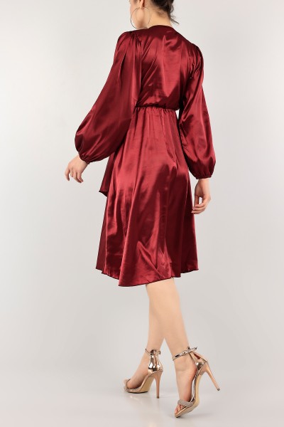 Bordo Kruvaze Yaka Saten Elbise 112963