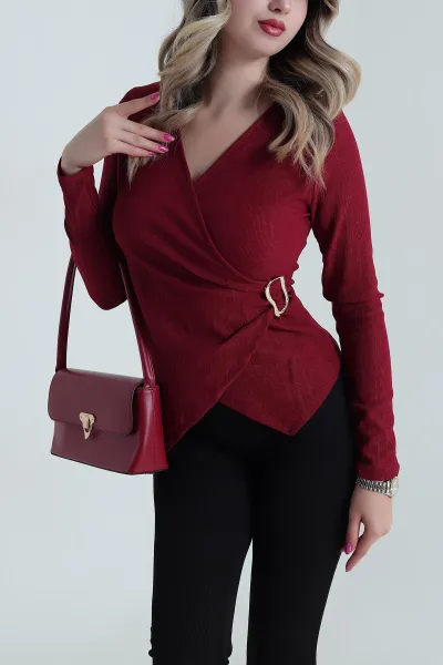 Bordo Kruvaze Yaka Tokalı Kadın Bluz 482850