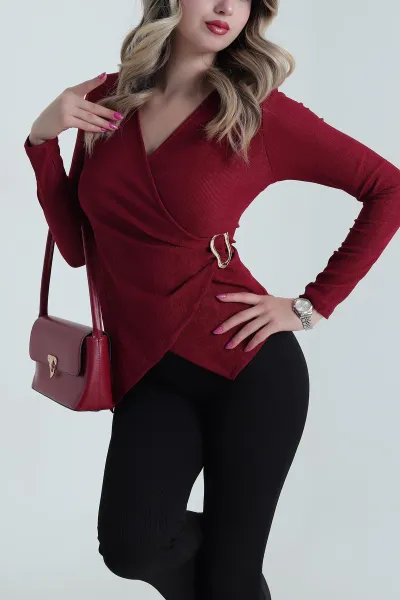 Bordo Kruvaze Yaka Tokalı Kadın Bluz 482850