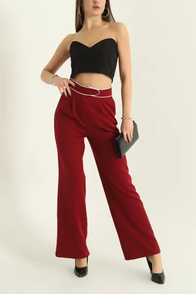 Bordo Kuşak Tasarım Dabıl Bayan Pantolon 329574