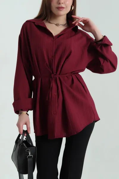Bordo Kuşaklı Dokuma Krinkıl Gömlek Tunik 333958