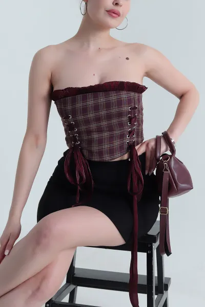 Bordo Laress Check Ekose Kadın Büstiyer 474434
