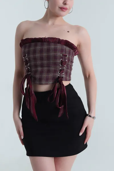 Bordo Laress Check Ekose Kadın Büstiyer 474434
