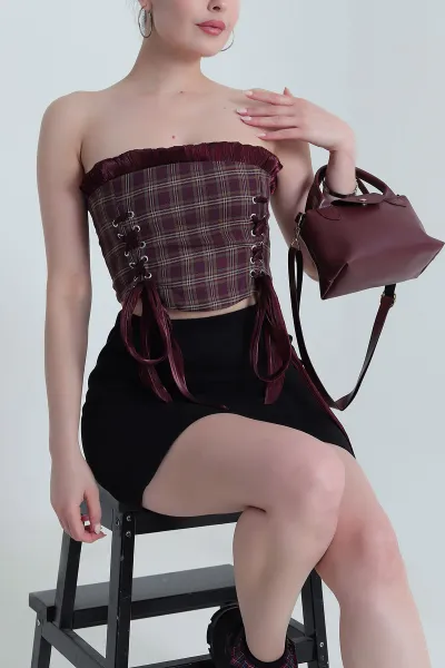 Bordo Laress Check Ekose Kadın Büstiyer 474434