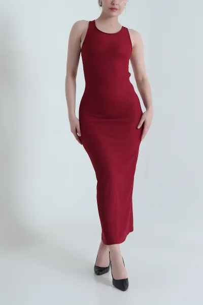 Bordo Likralı Askılı Ottoman Kadın Elbise 465546