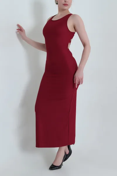 Bordo Likralı Askılı Ottoman Kadın Elbise 465546