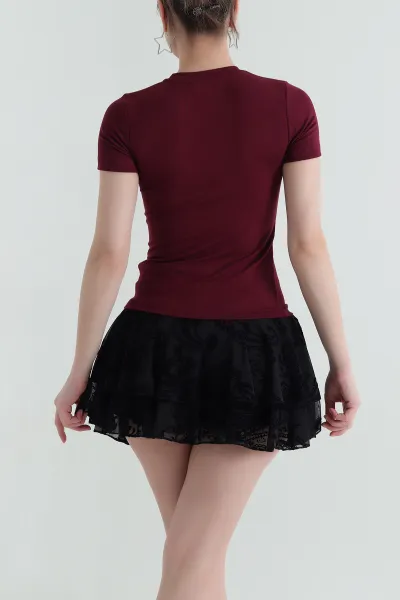 Bordo Likralı Bisiklet Yaka Pamuk Kadın Bluz 433679