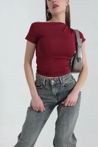 Bordo Likralı Büzgülü Sandy Bluz 337390