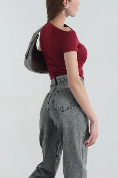 Bordo Likralı Büzgülü Sandy Bluz 337390
