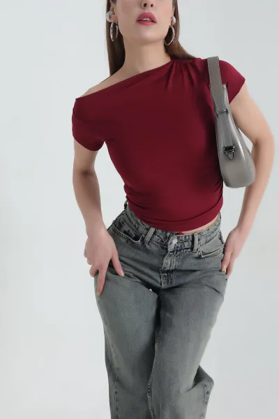 Bordo Likralı Büzgülü Sandy Bluz 337390