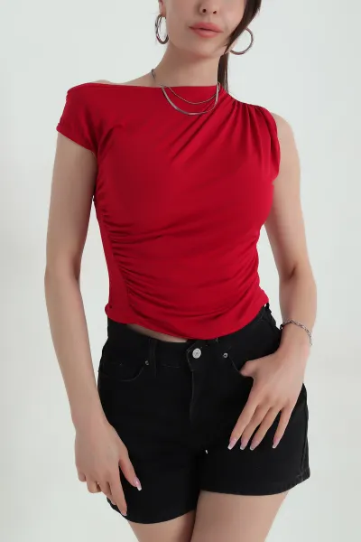 Bordo Likralı Büzgülü Sandy Kadın Bluz 371036