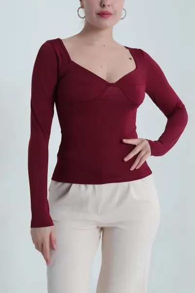 Bordo Likralı Dalgıç Kadın Bluz 484480