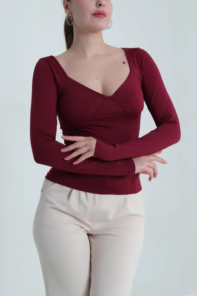Bordo Likralı Dalgıç Kadın Bluz 484480
