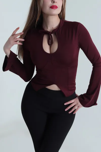Bordo Likralı Dalgıç Kadın Bluz 494137