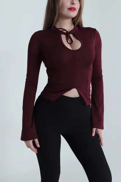 Bordo Likralı Dalgıç Kadın Bluz 494137