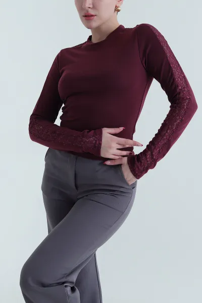 Bordo Likralı Dantelli Buzzy Kadın Bluz 440159