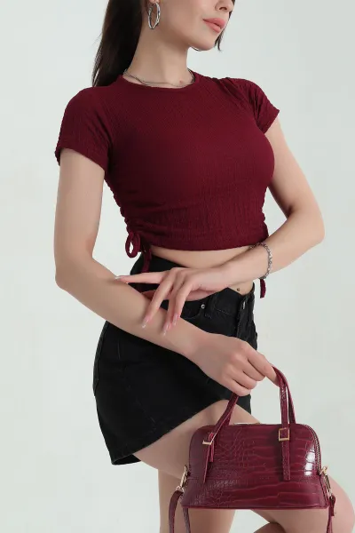 Bordo Likralı Gofre Kadın Bluz 370099