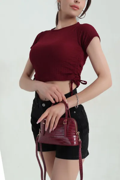 Bordo Likralı Gofre Kadın Bluz 370099