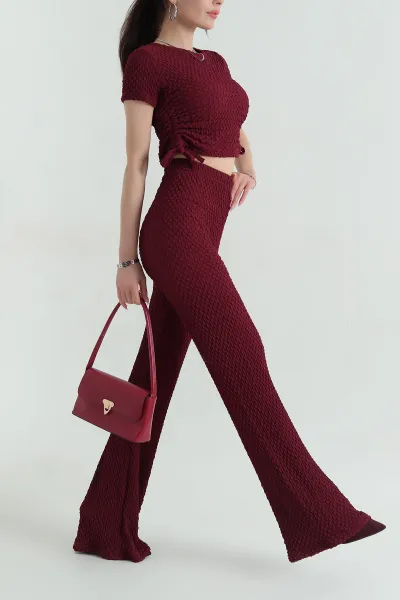 Bordo Likralı Gofre Kadın İkili Takım 371087