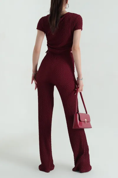Bordo Likralı Gofre Kadın İkili Takım 371087