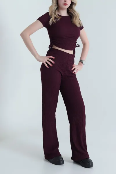 Bordo Likralı Gofre Kadın İkili Takım 455703